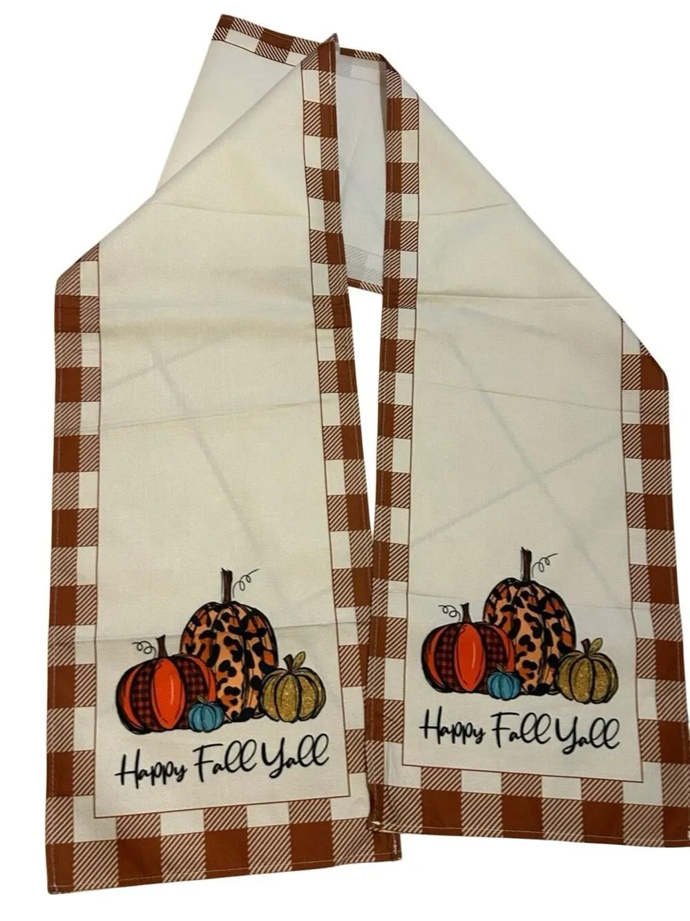 Happy Fall Y'all Table Runner Rust Buffalo Check Leopard Plaid Pumpkins 88” Farm